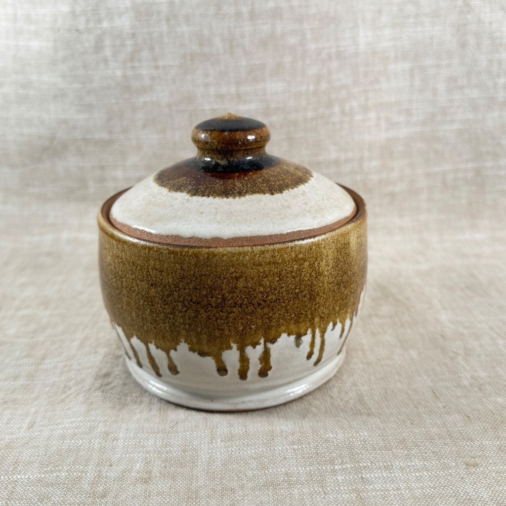 Signed Studio Pottery Lidded Canister Brown Drip Glaze Stoneware Jar